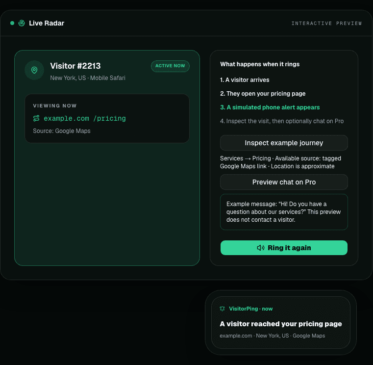 VisitorPing sample preview showing a pricing-page visit and a simulated phone notification
